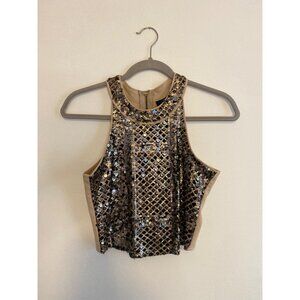 Rue21 Sequin Embellished Beige & Black Halter Crop Top With Back Zipper Closure